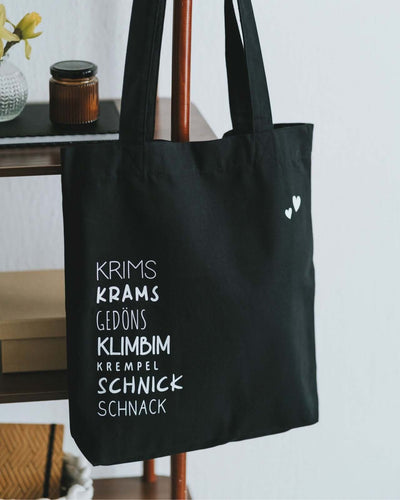 Baumwollbeutel mit Spruch oder Motiv Krims Krams in schwarz weiss
