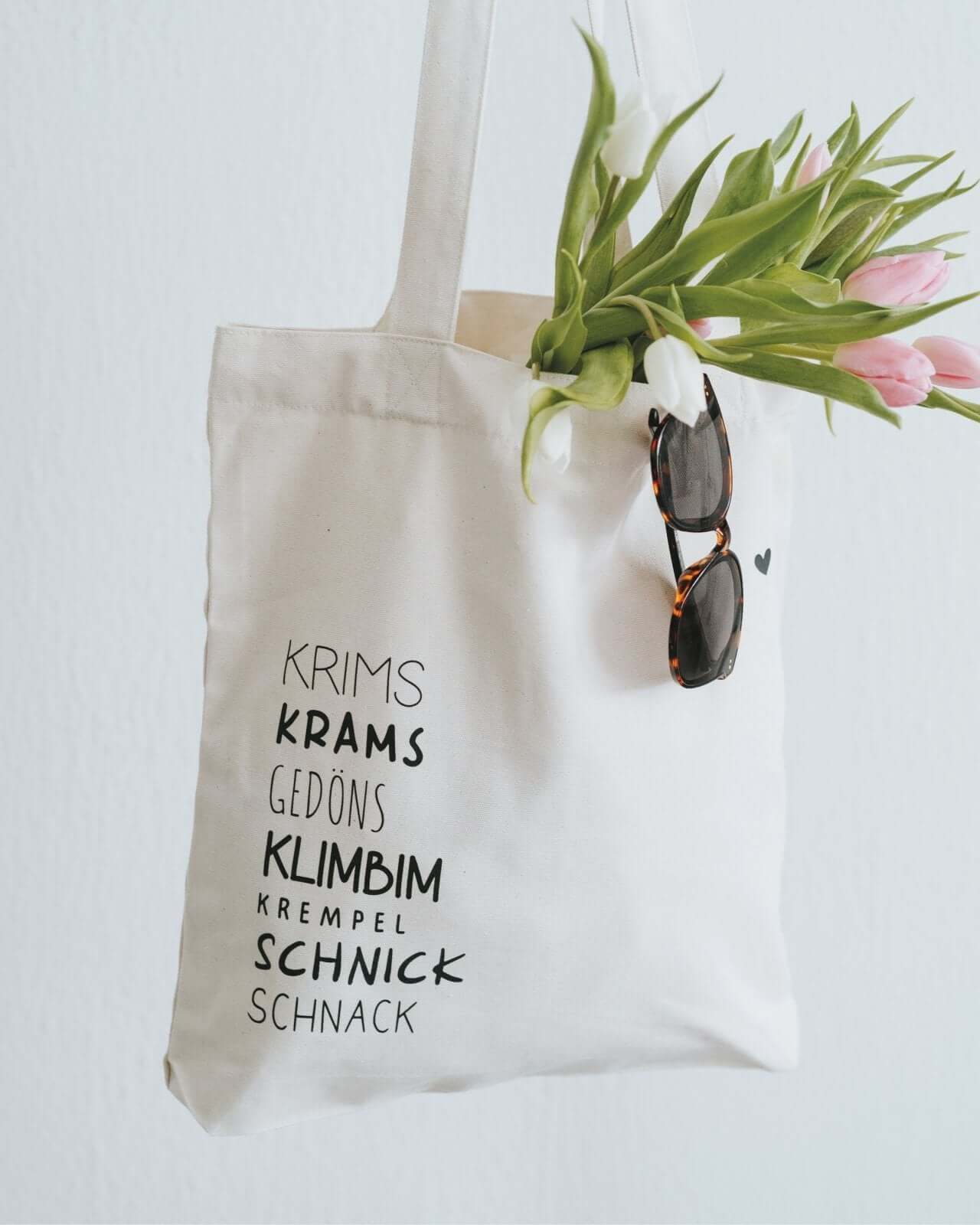 Baumwollbeutel mit Spruch oder Motiv Krims Krams in schwarz weiss