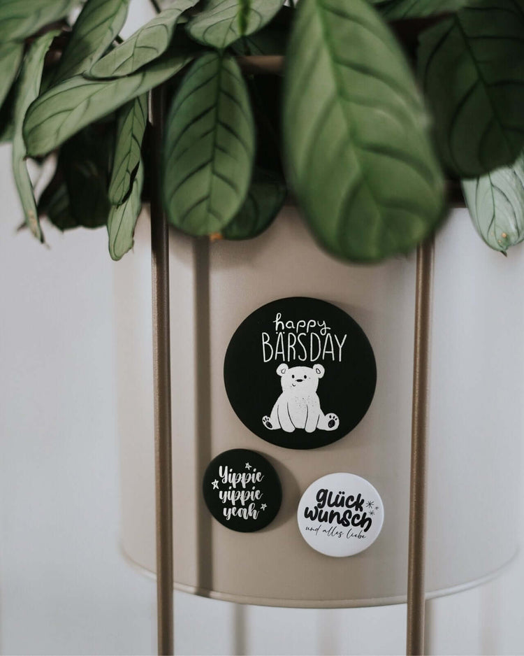 Magnete mit Spruch oder Motiv Happy Bärsday · groß in schwarz weiss