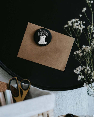 Magnete mit Spruch oder Motiv Happy Bärsday · groß in schwarz weiss