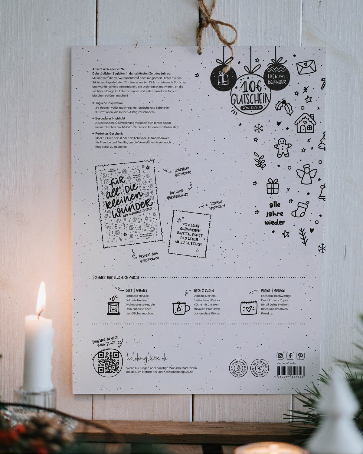 Heldenglück Adventskalender Rückseite mit Vorschau Kalender und Gutschein