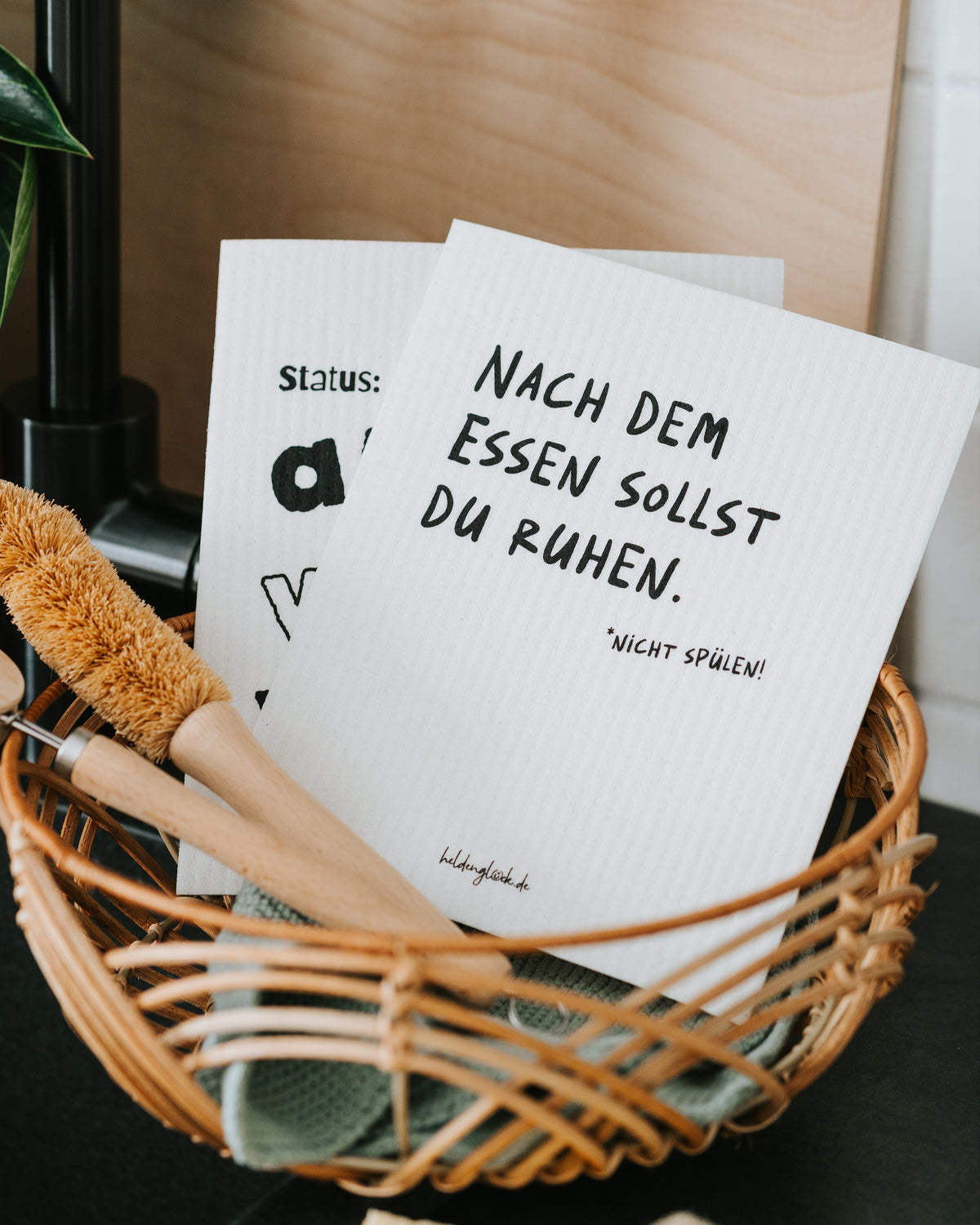 Schwammtücher im Korb mit Bürsten – ersetzt einen ganzen Stapel Wegwerfschwämme.