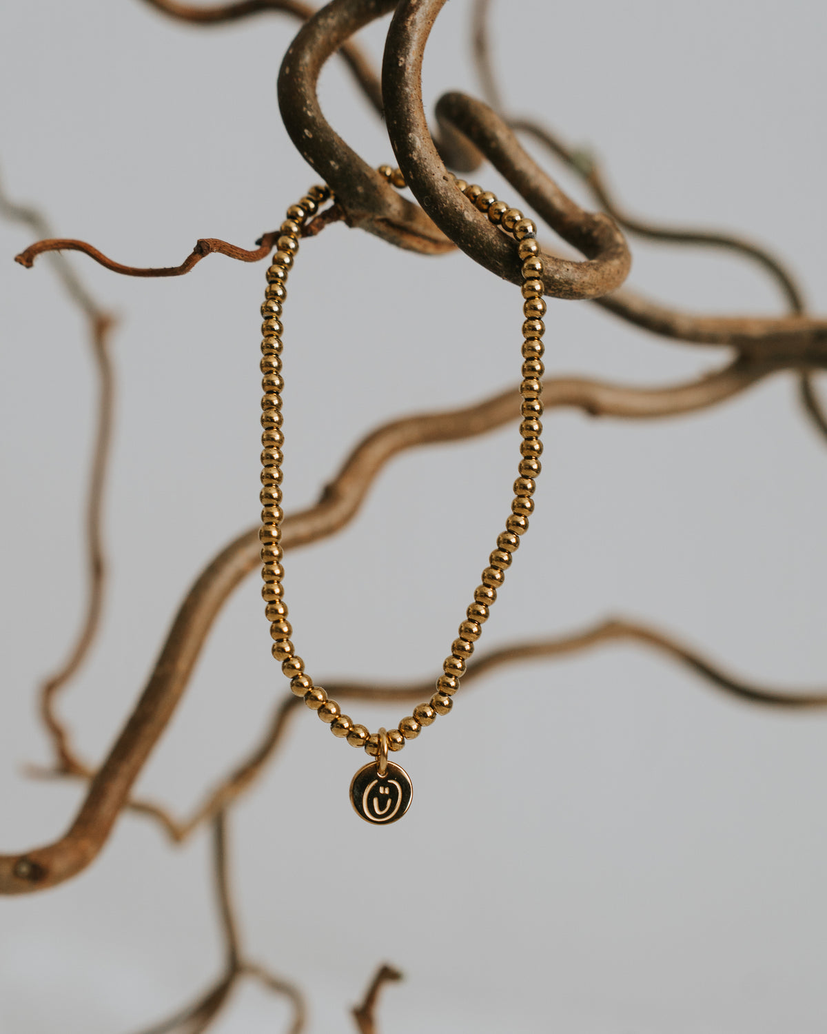 Edelstahl-Armband in Gold zwischen Zweigen, Anhänger sichtbar.