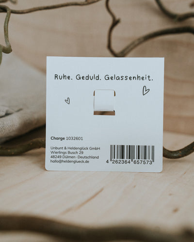 Rückseite der Geschenkkarte – „Ruhe. Geduld. Gelassenheit.“