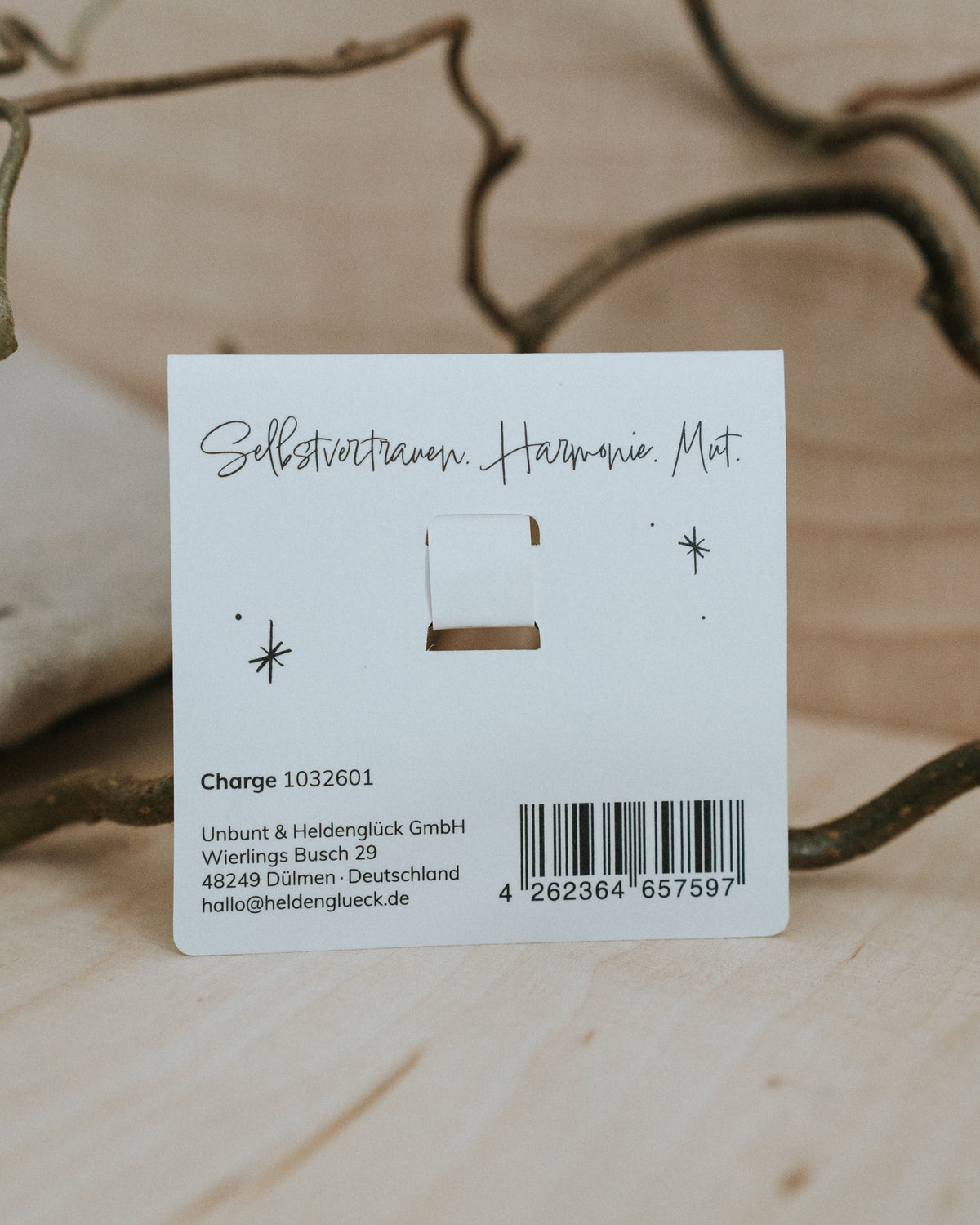 Rückseite der Geschenkkarte – „Selbstvertrauen. Harmonie. Mut.“