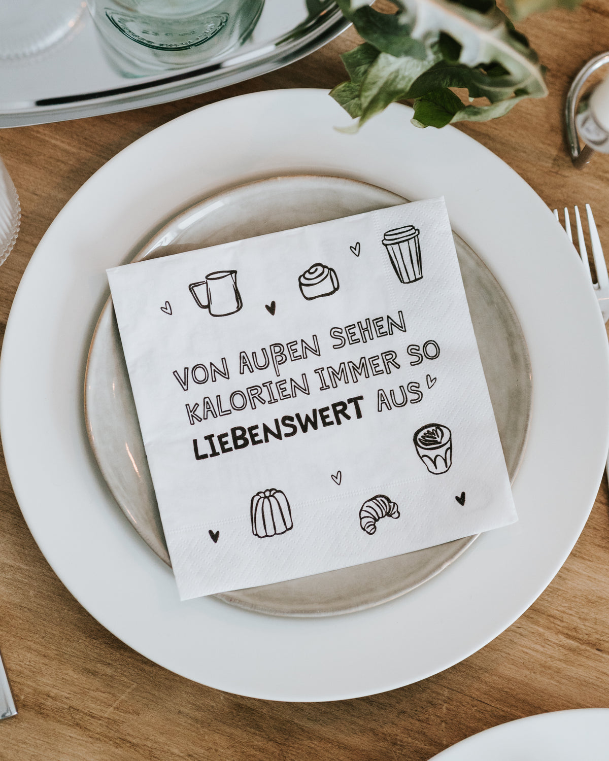 Heldenglück Serviette Kalorien mit Illustrationen, stilvolles Schwarz-Weiß-Design