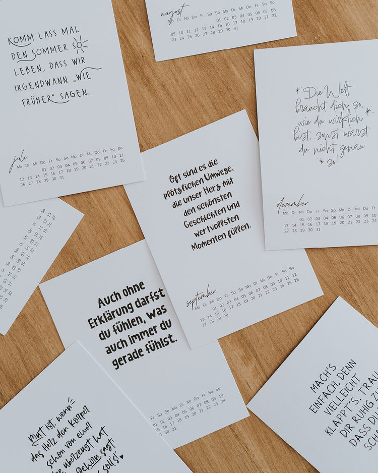 Nachfüllset 2027 mit 12 Monatskarten im A6-Format, minimalistisches Schwarz-Weiß-Design mit Sprüchen