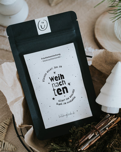 Ruhe schenken von Heldenglück, Früchtetee Weihnachtsmandel: Vorderseite mit Weihnachtsspruch.