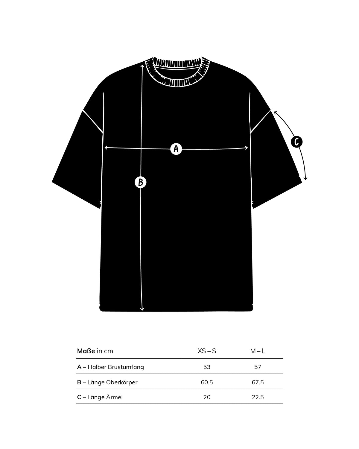 Maßskizze des T-Shirts: XS/S mit 53 cm Brustweite, 60,5 cm Länge und 20 cm Ärmeln; M/L mit 57 cm, 67,5 cm und 22,5 cm. Flach gemessen.