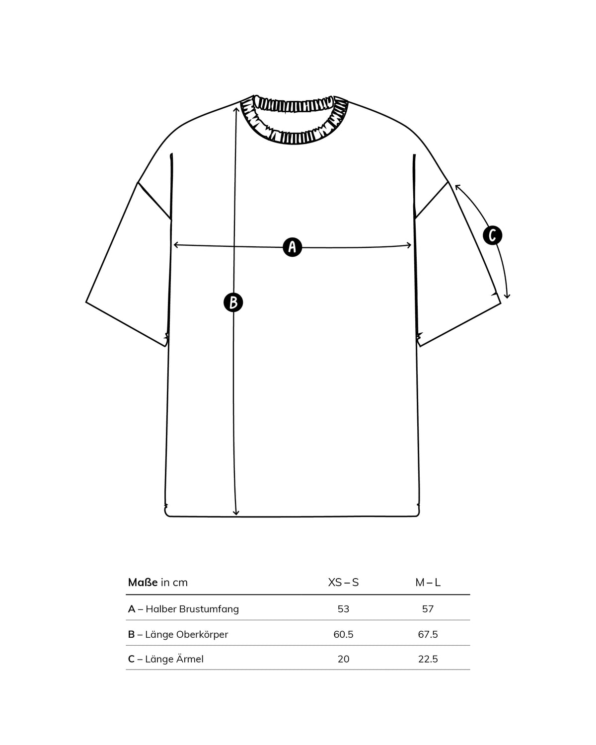 Maßskizze des T-Shirts: XS/S mit 53 cm Brustweite, 60,5 cm Länge und 20 cm Ärmeln; M/L mit 57 cm, 67,5 cm und 22,5 cm. Flach gemessen.