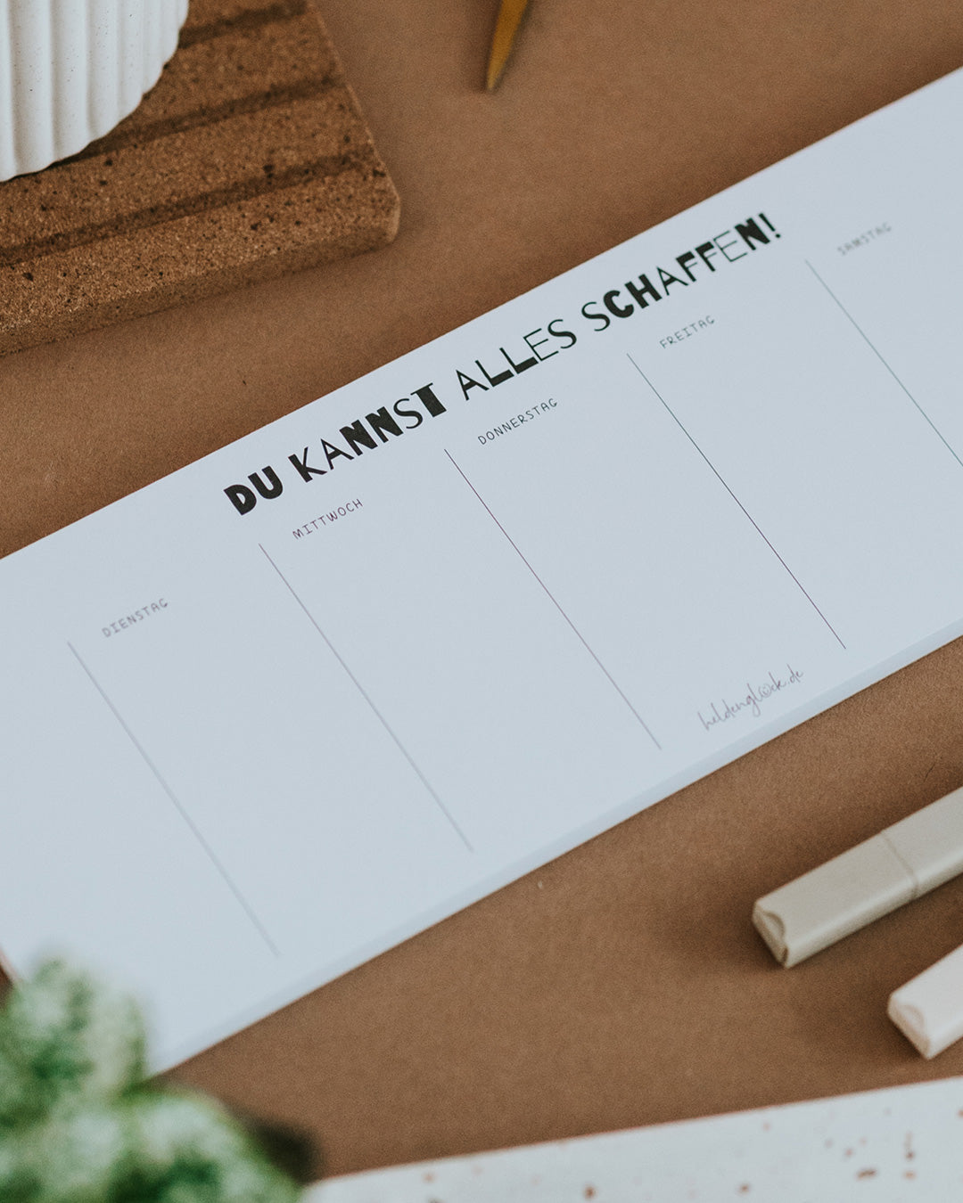 Wochenplaner „Du kannst alles schaffen!" im Querformat mit sieben Wochentags-Feldern zum Notieren