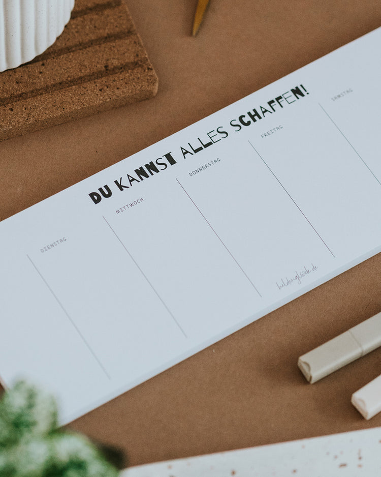 Wochenplaner „Du kannst alles schaffen!" im Querformat mit sieben Wochentags-Feldern zum Notieren