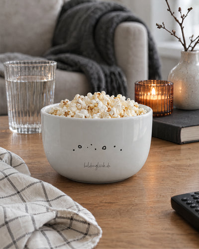 Porzellanschale gefüllt mit Popcorn auf dem Couchtisch – 480 ml für Snacks.