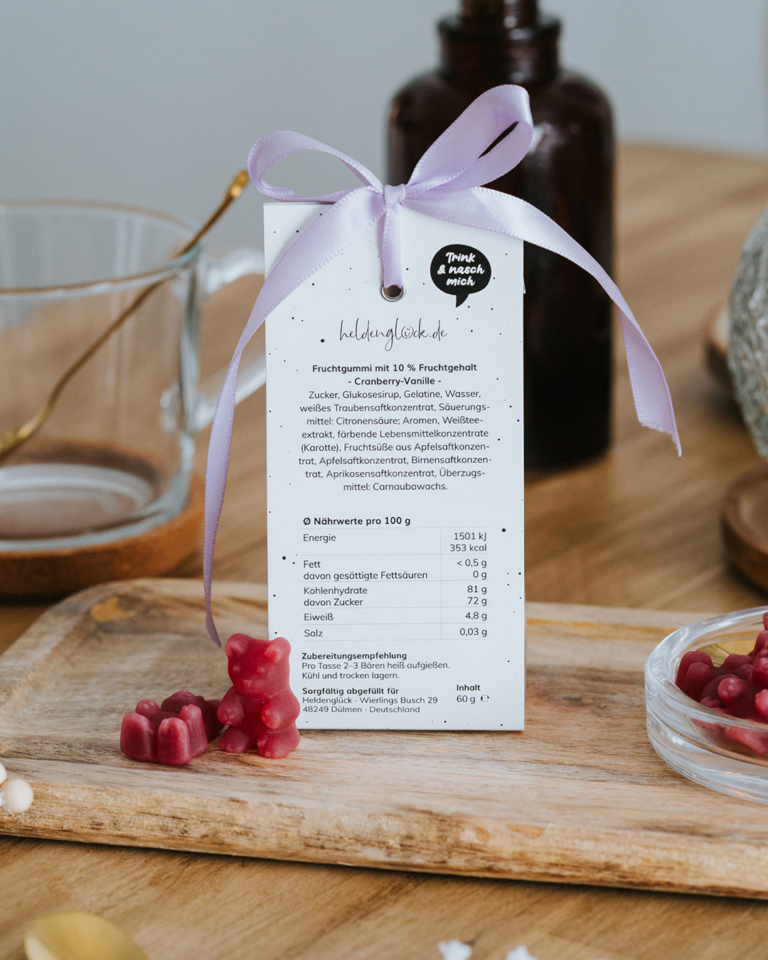 Rückseite Teebären Voll schön: Zutaten und Nährwerte, Cranberry-Vanille, 60 g in der Tüte.