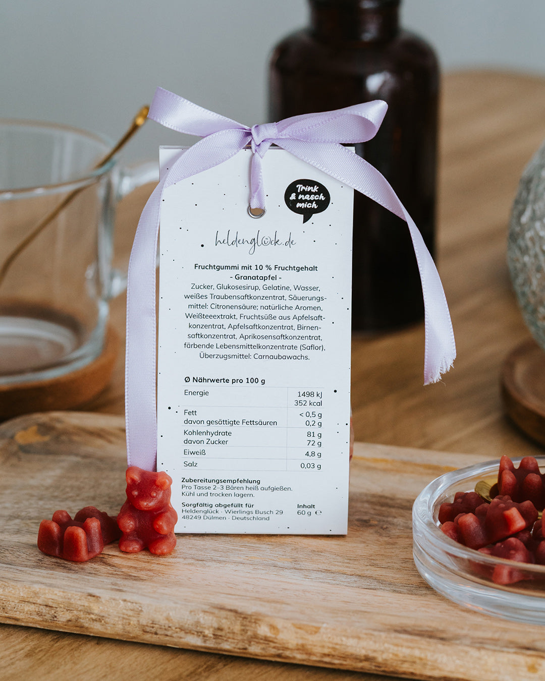 Originaletikett der Granatapfel-Teebären mit Zutaten, Nährwerten und Zubereitung