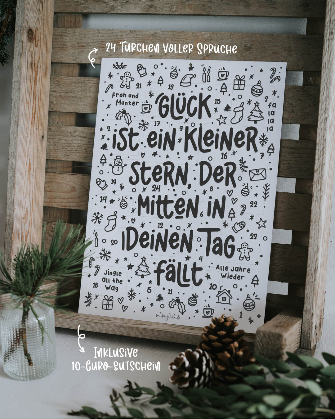 Designkalender in elegantem Schwarz-Weiß mit Sprüchen und Illustrationen – perfekt für jeden Tag im Advent.