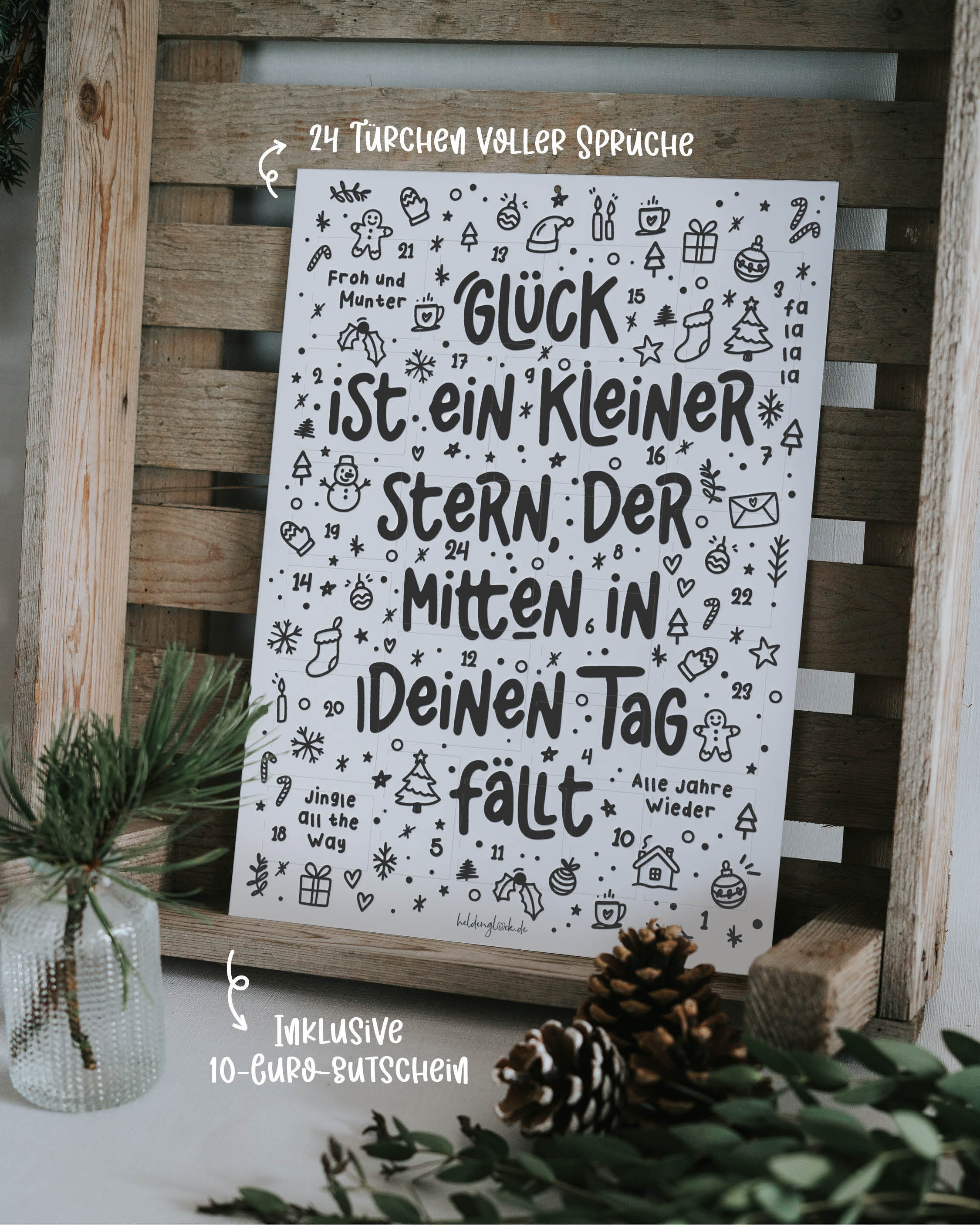 Designkalender in elegantem Schwarz-Weiß mit Sprüchen und Illustrationen – perfekt für jeden Tag im Advent.