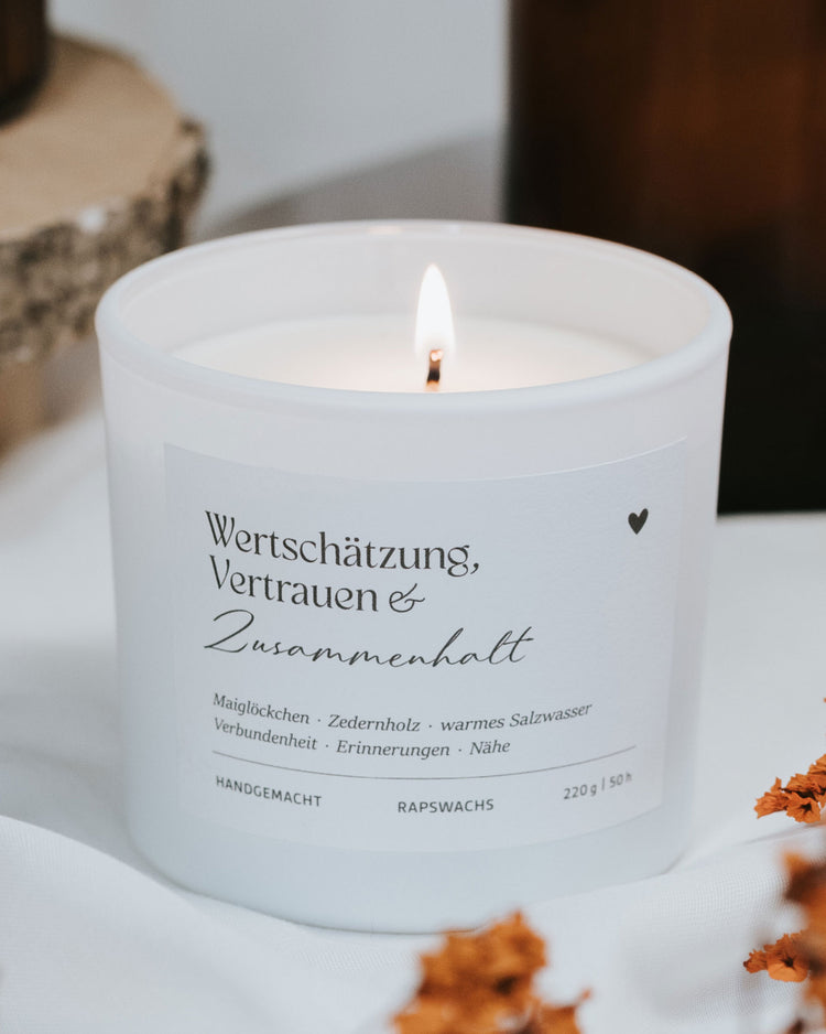 Duftkerze „Wertschätzung, Vertrauen & Zusammenhalt“ – warmer Duft aus Maiglöckchen und Zedernholz