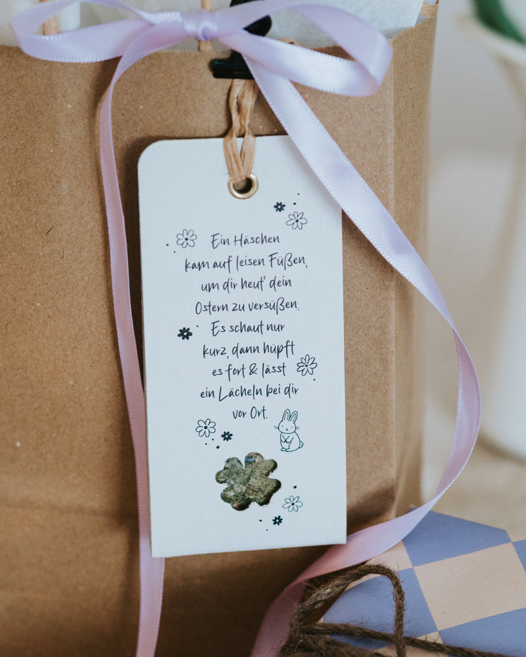 Poetischer Oster-Geschenkanhänger mit Häschen-Spruch und Gute-Laune-Salz