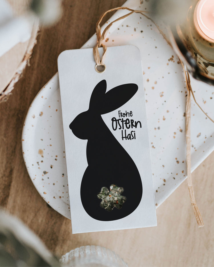 Geschenkanhänger mit Aufschrift „Frohe Ostern Hasi“ und feinem Gute-Laune-Salz