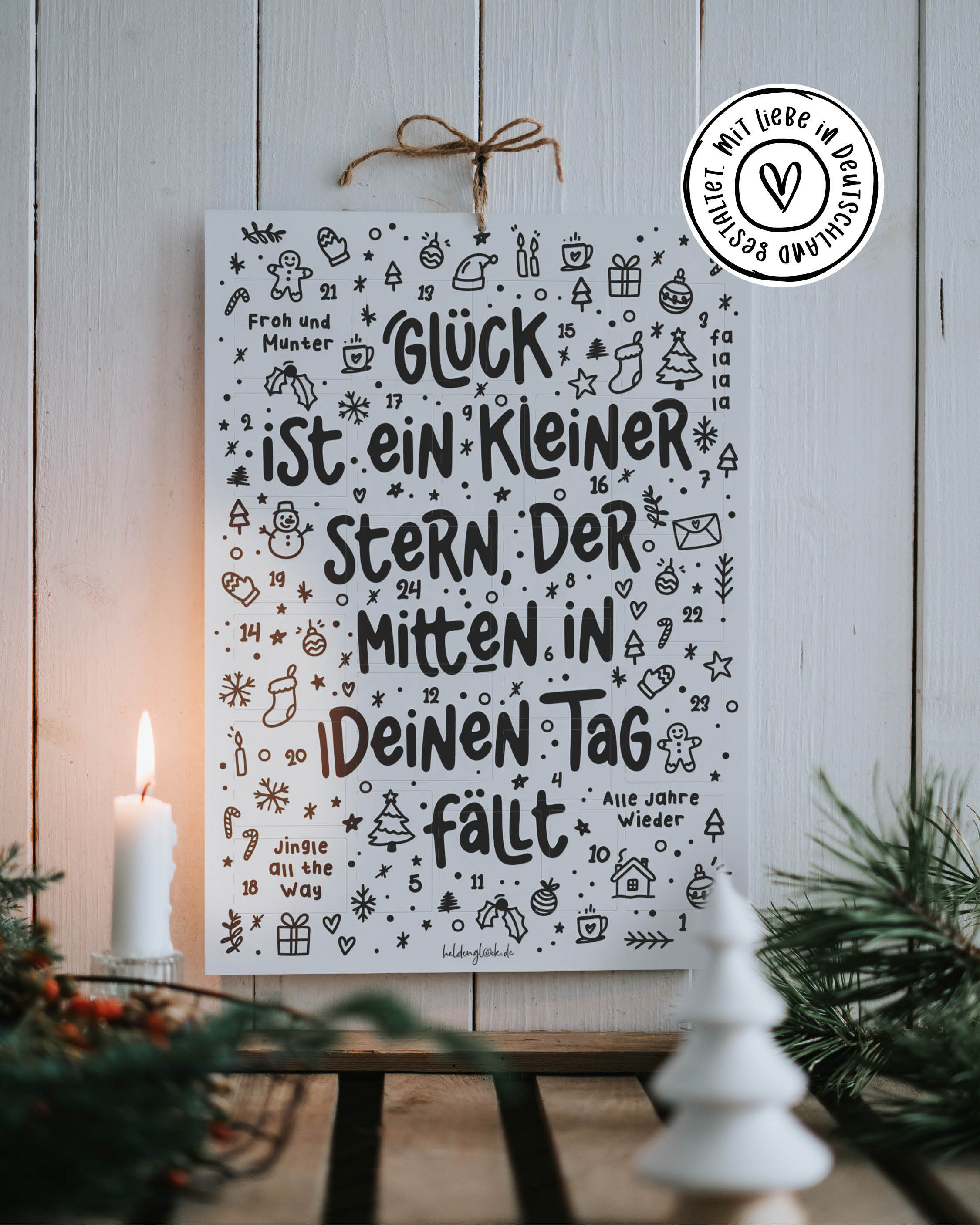 Limitierter Adventskalender von Heldenglück – hochwertig gedruckt, plastikfrei verpackt und mit Herz gemacht.
