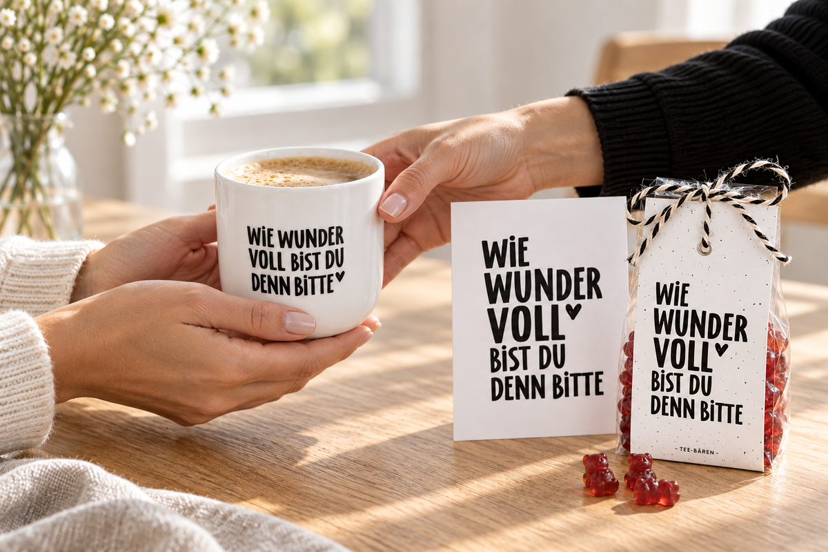 Inszenierte Geschenkszene mit Wie-wundervoll-Porzellanbecher, Teebären und Postkarte.