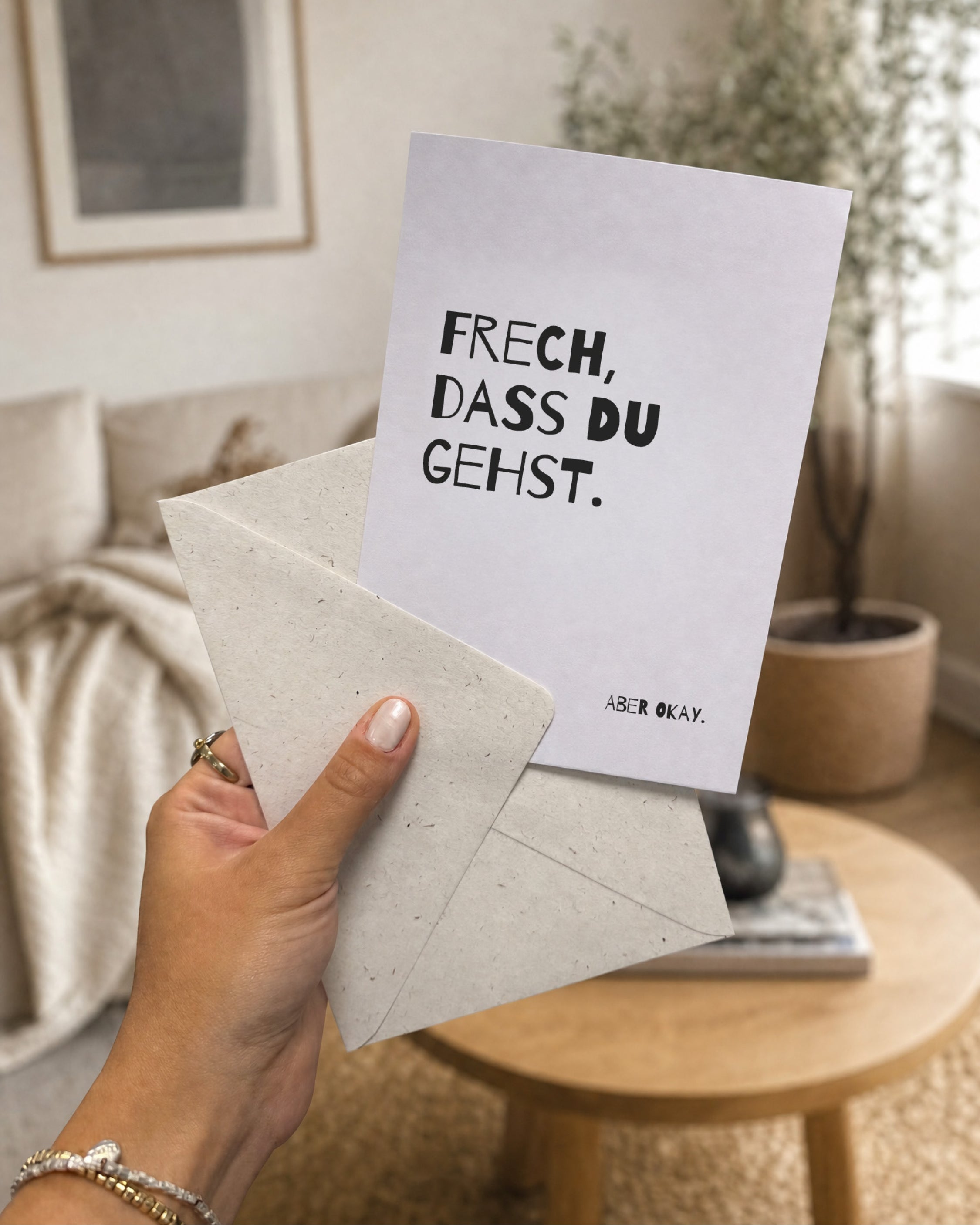 Weiße Klappkarte mit humorvollem Abschiedsgruß