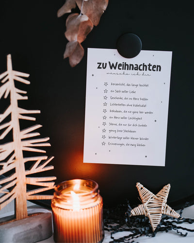 Weihnachts-Postkarte mit Spruch „Wünsche mit Herz & Humor“ – liebevoll gestaltete Karte zum Ankreuzen und Verschenken.