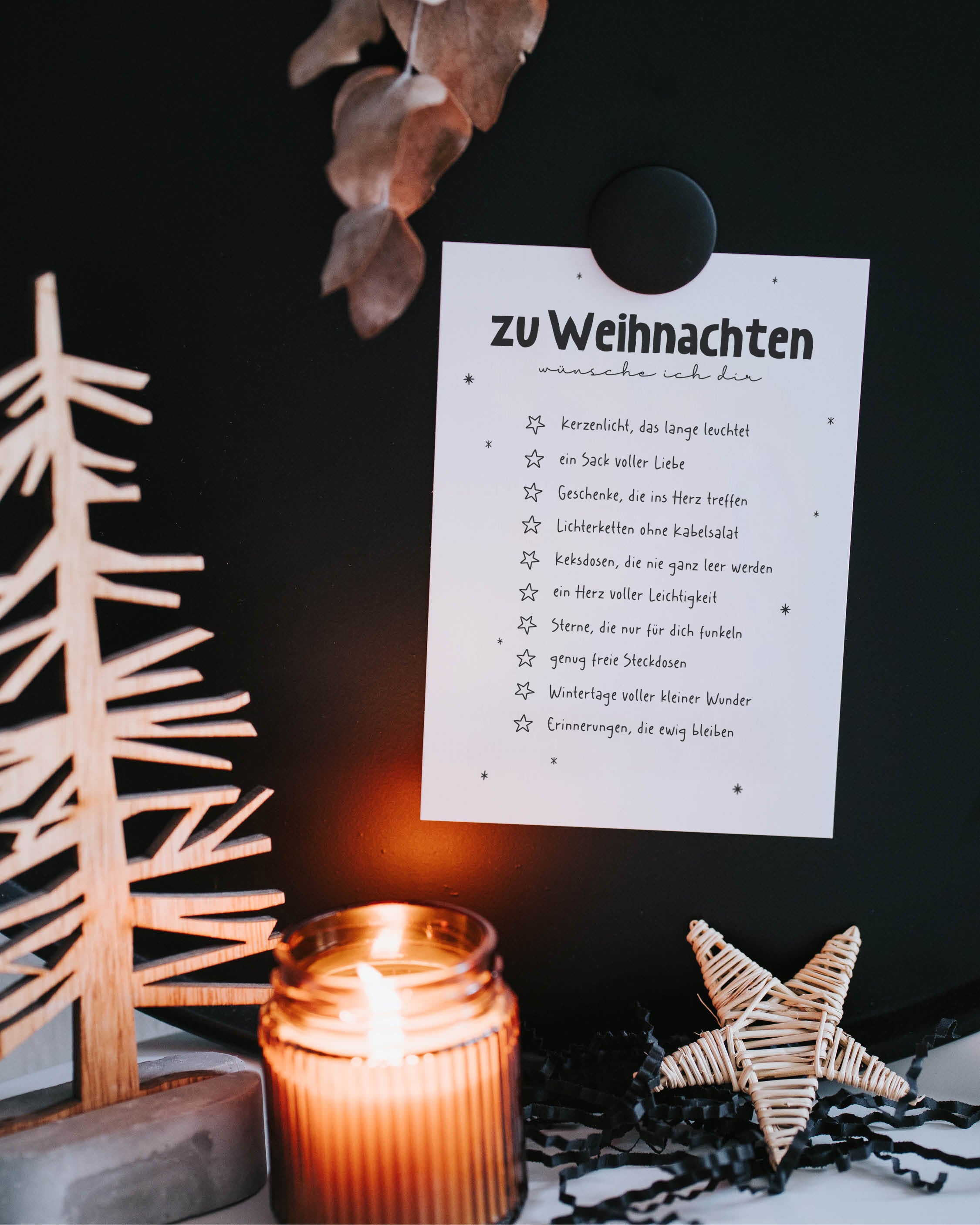 Weihnachts-Postkarte mit Spruch „Wünsche mit Herz & Humor“ – liebevoll gestaltete Karte zum Ankreuzen und Verschenken.