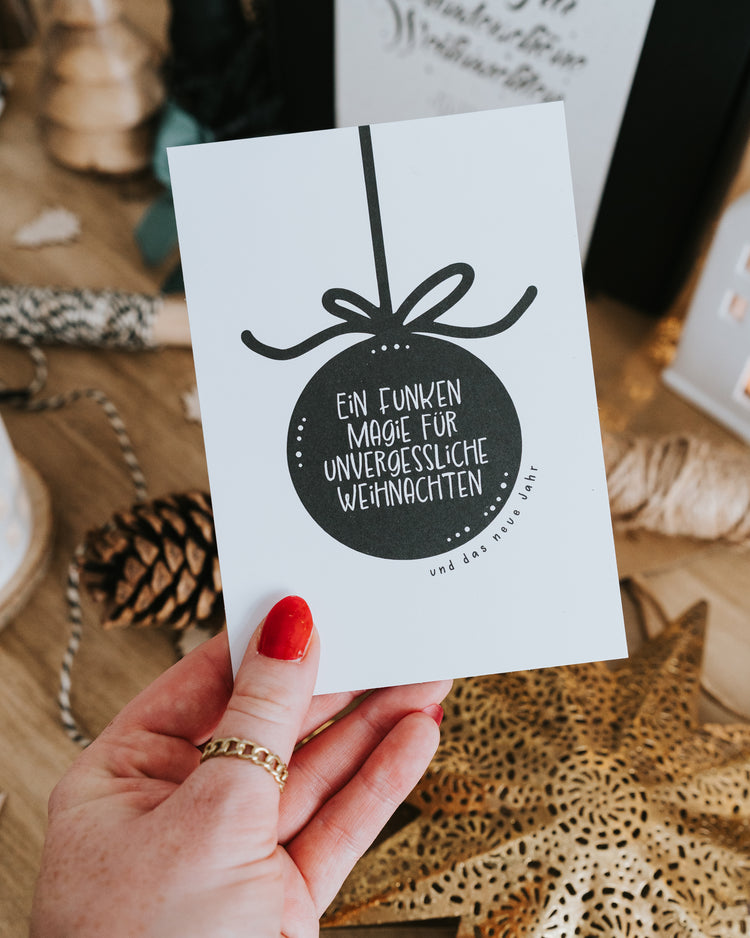 Weihnachtskarte „Ein Funken Magie für unvergessliche Weihnachten und das neue Jahr“ – modern, stilvoll und herzlich gestaltet