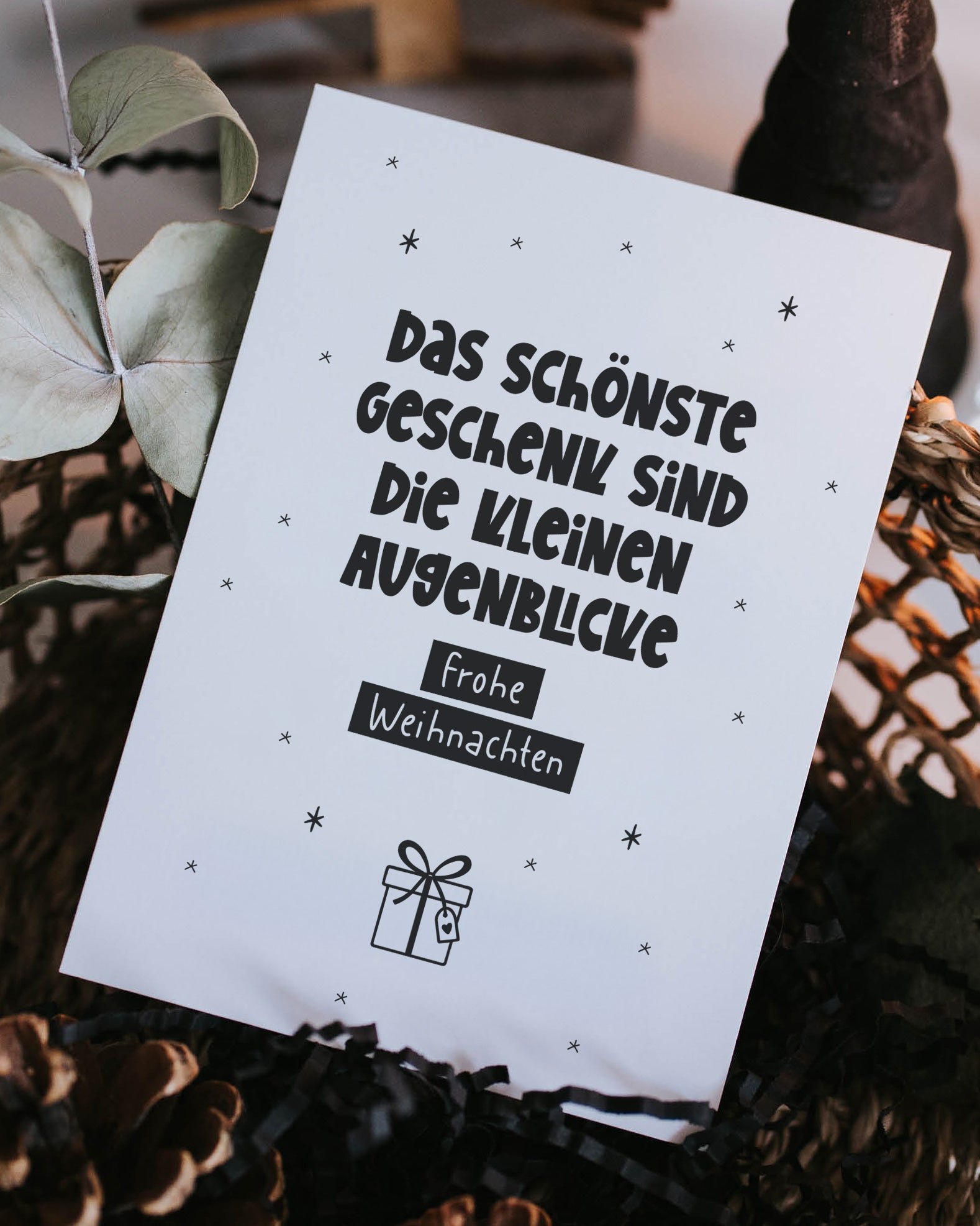 Weihnachtskarte mit Spruch „Kleine Augenblicke schenken“ – liebevoller Gruß über Zeit, Nähe und echte Momente