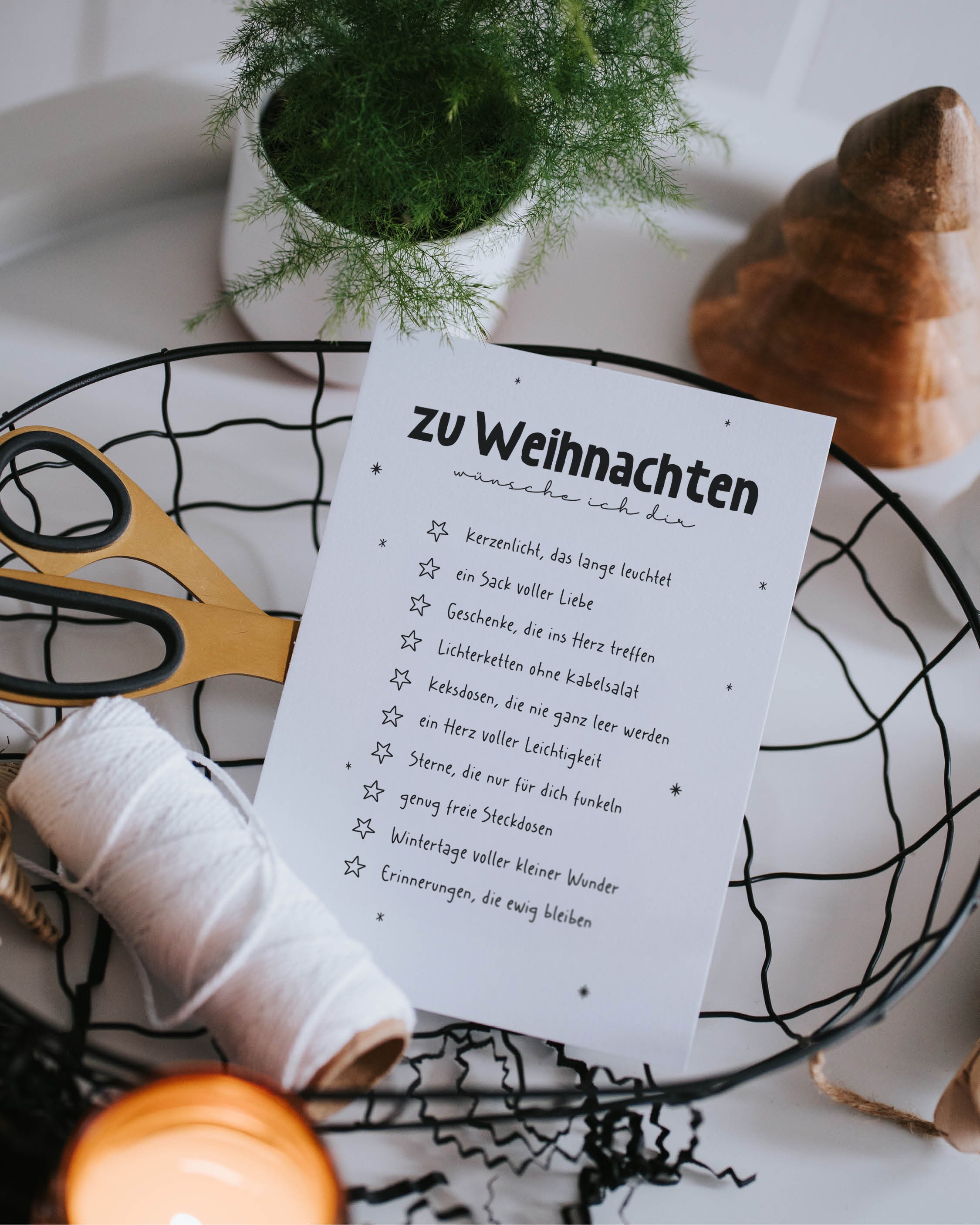 Charmante Weihnachtskarte mit Wunschliste zum Ankreuzen – von herzerwärmend bis herrlich ehrlich.