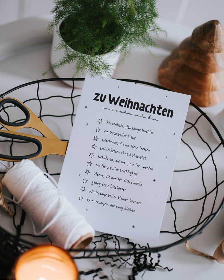 Charmante Weihnachtskarte mit Wunschliste zum Ankreuzen – von herzerwärmend bis herrlich ehrlich.