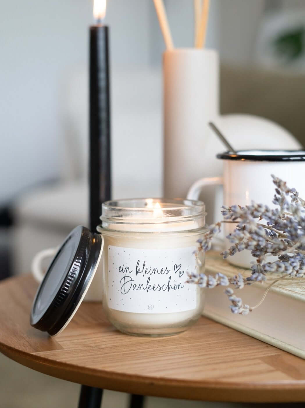 Kerze im Glas mit Spruch oder Motiv Ein kleines Dankeschön in schwarz weiss