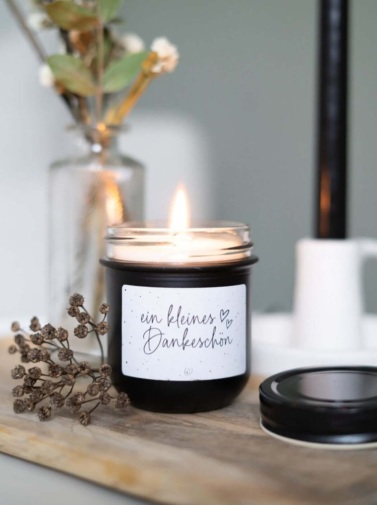Kerze im Glas mit Spruch oder Motiv Ein kleines Dankeschön in schwarz weiss