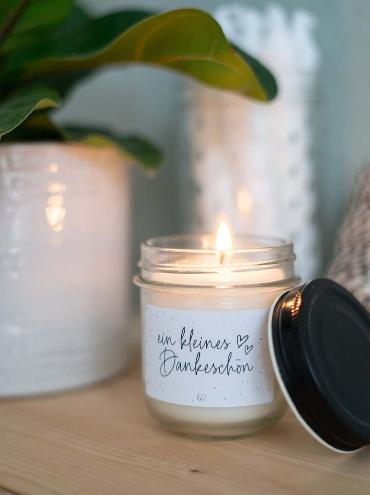 Kerze im Glas mit Spruch oder Motiv Ein kleines Dankeschön in schwarz weiss