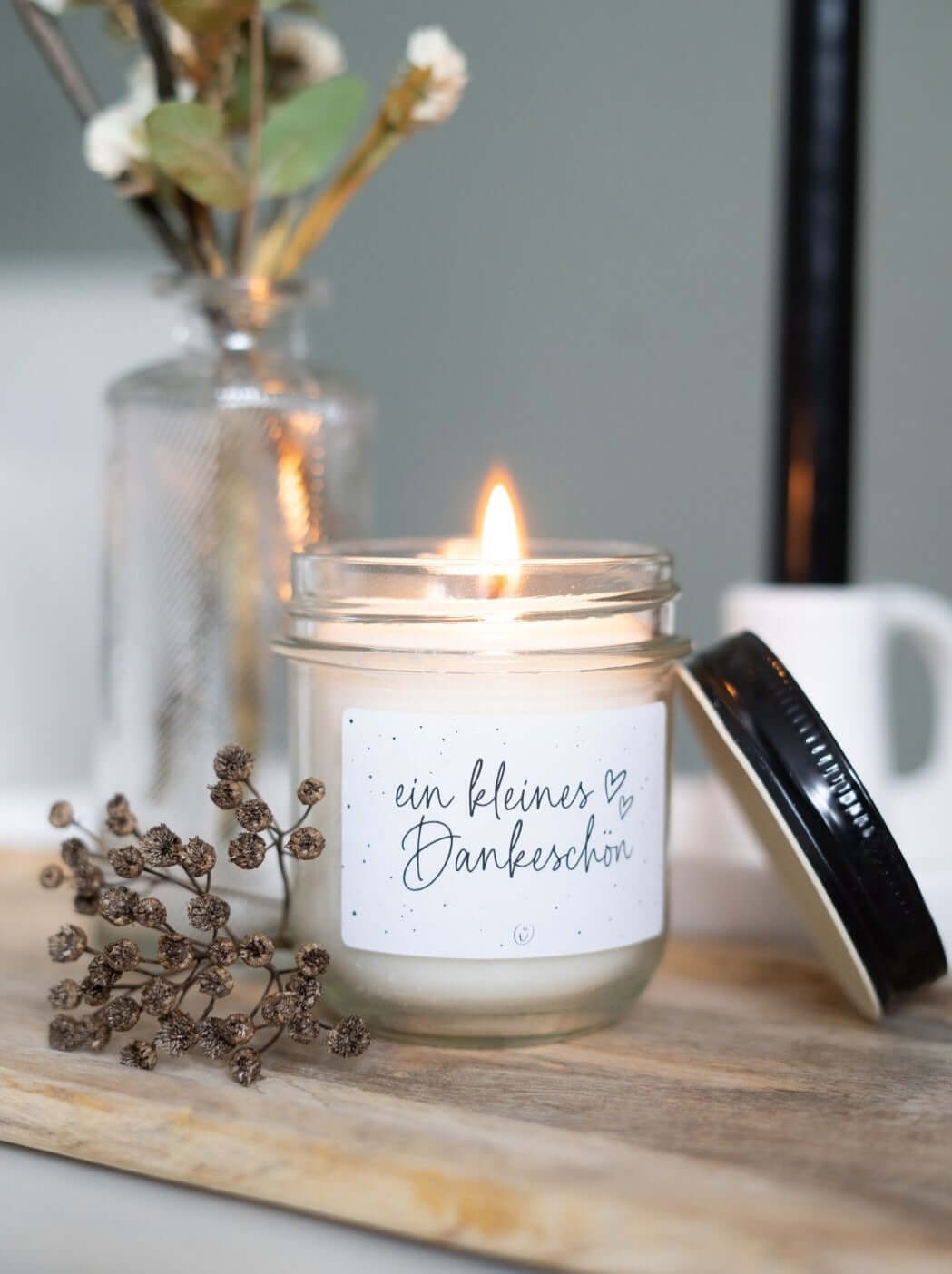 Kerze im Glas mit Spruch oder Motiv Ein kleines Dankeschön in schwarz weiss