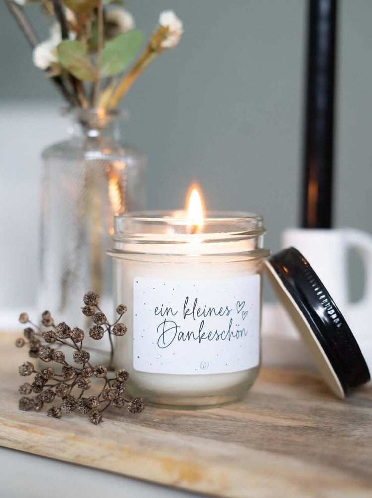 Kerze im Glas mit Spruch oder Motiv Ein kleines Dankeschön in schwarz weiss