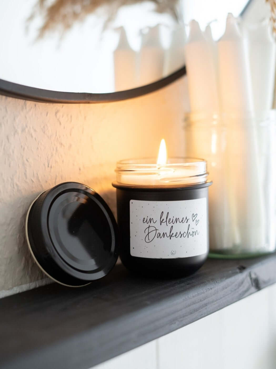 Kerze im Glas mit Spruch oder Motiv Ein kleines Dankeschön in schwarz weiss