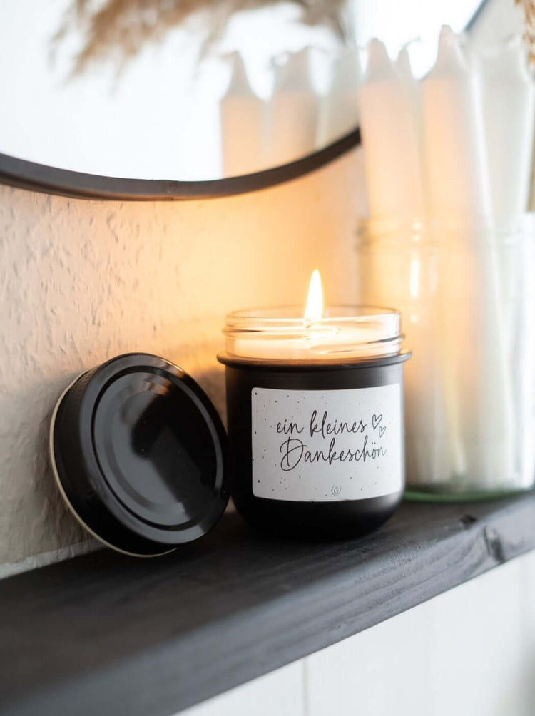 Kerze im Glas mit Spruch oder Motiv Ein kleines Dankeschön in schwarz weiss