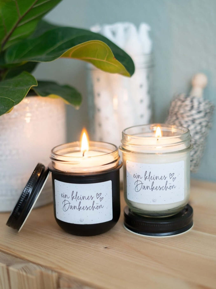 Kerze im Glas mit Spruch oder Motiv Ein kleines Dankeschön in schwarz weiss