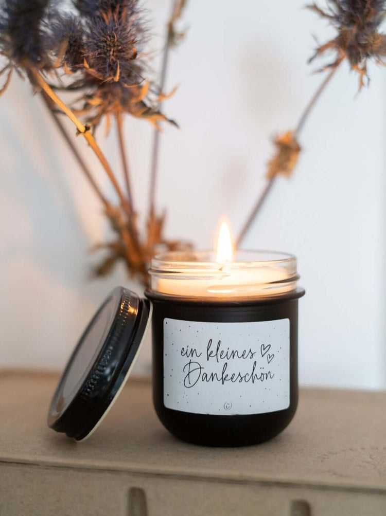 Kerze im Glas mit Spruch oder Motiv Ein kleines Dankeschön in schwarz weiss