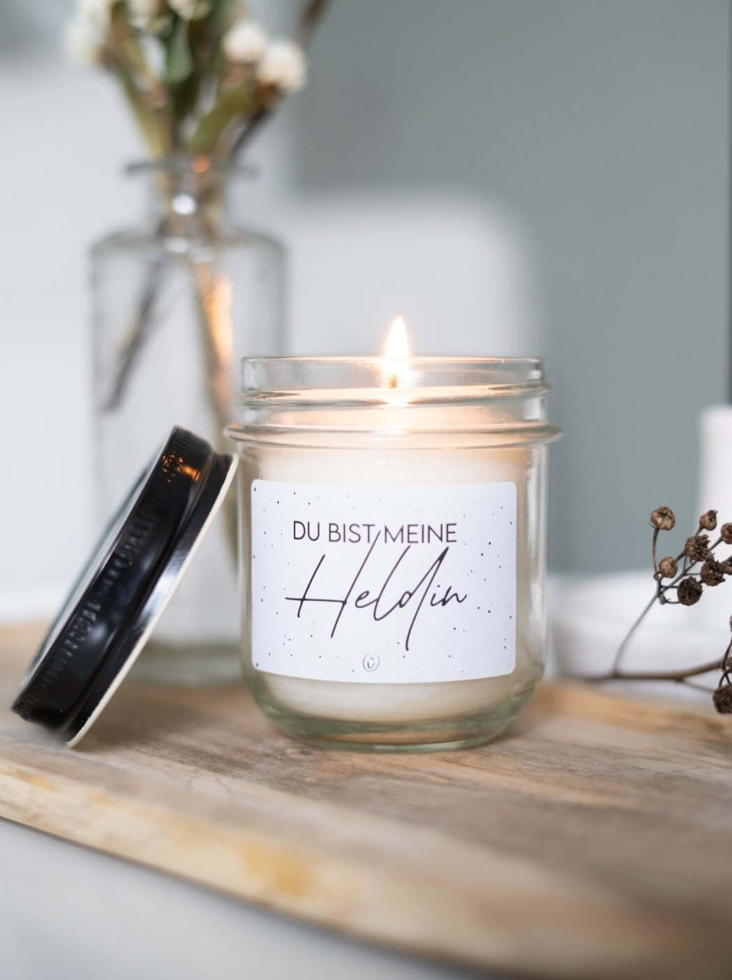 Kerze im Glas mit Spruch oder Motiv Meine Heldin in schwarz weiss