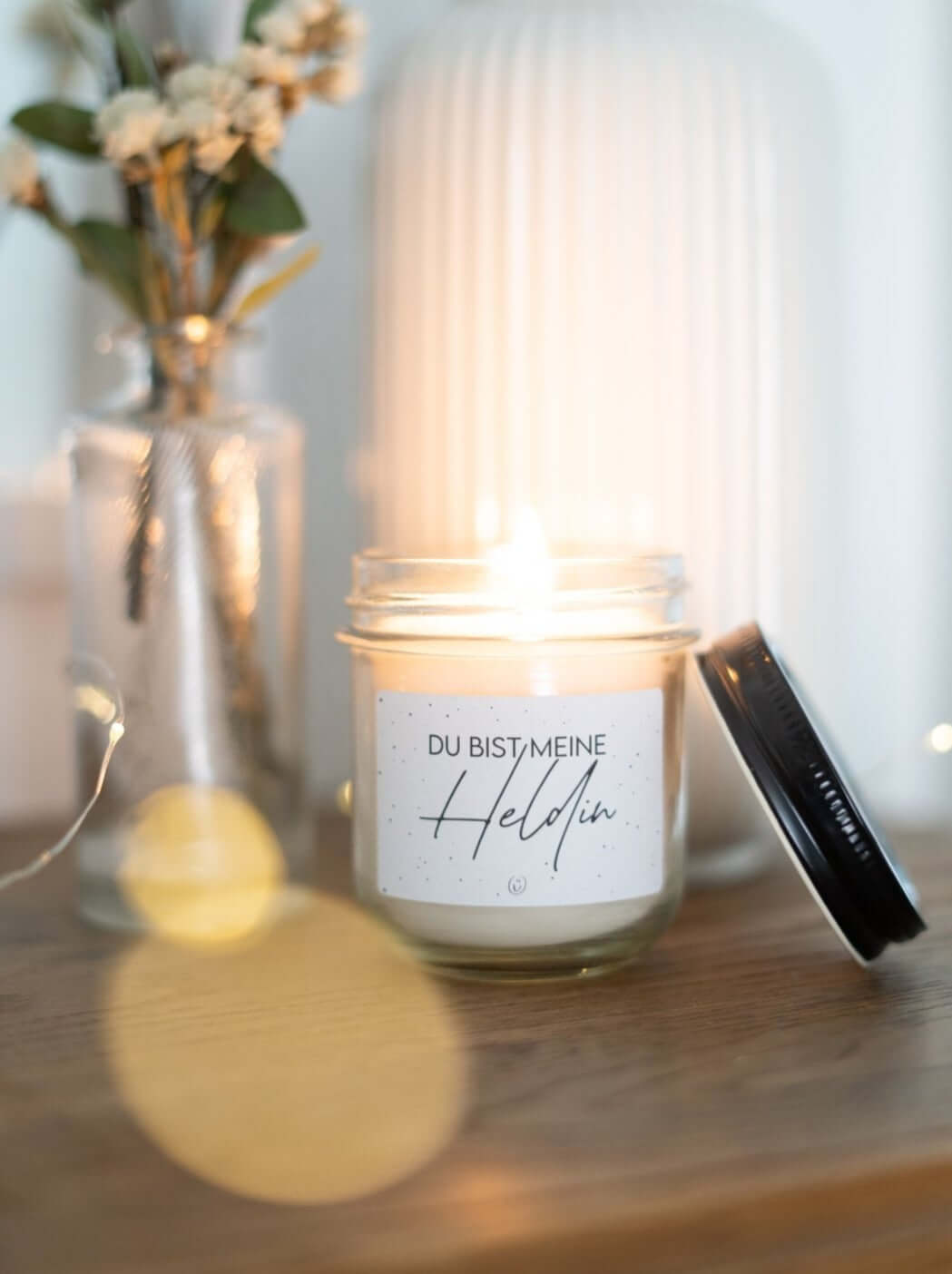 Kerze im Glas mit Spruch oder Motiv Meine Heldin in schwarz weiss