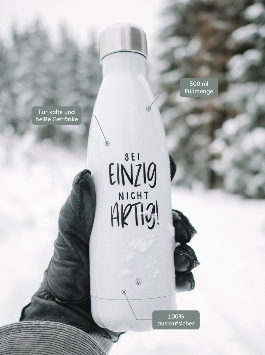 Thermoflasche mit Spruch oder Motiv Einzigartig in schwarz weiss