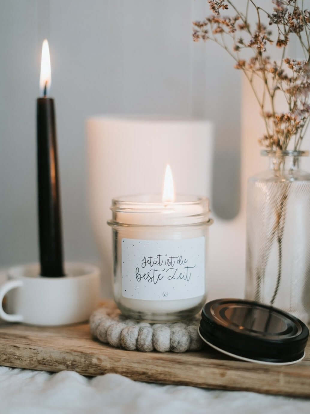 Kerze im Glas mit Spruch oder Motiv Beste Zeit in schwarz weiss