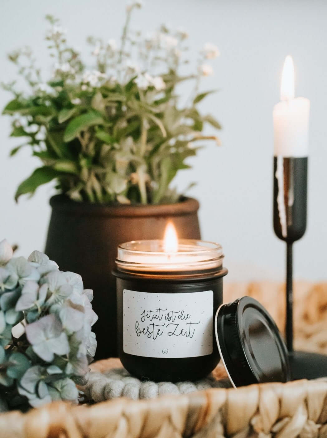 Kerze im Glas mit Spruch oder Motiv Beste Zeit in schwarz weiss