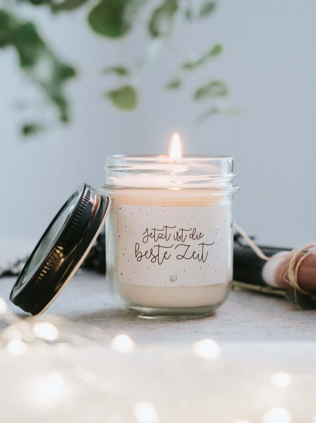 Kerze im Glas mit Spruch oder Motiv Beste Zeit in schwarz weiss