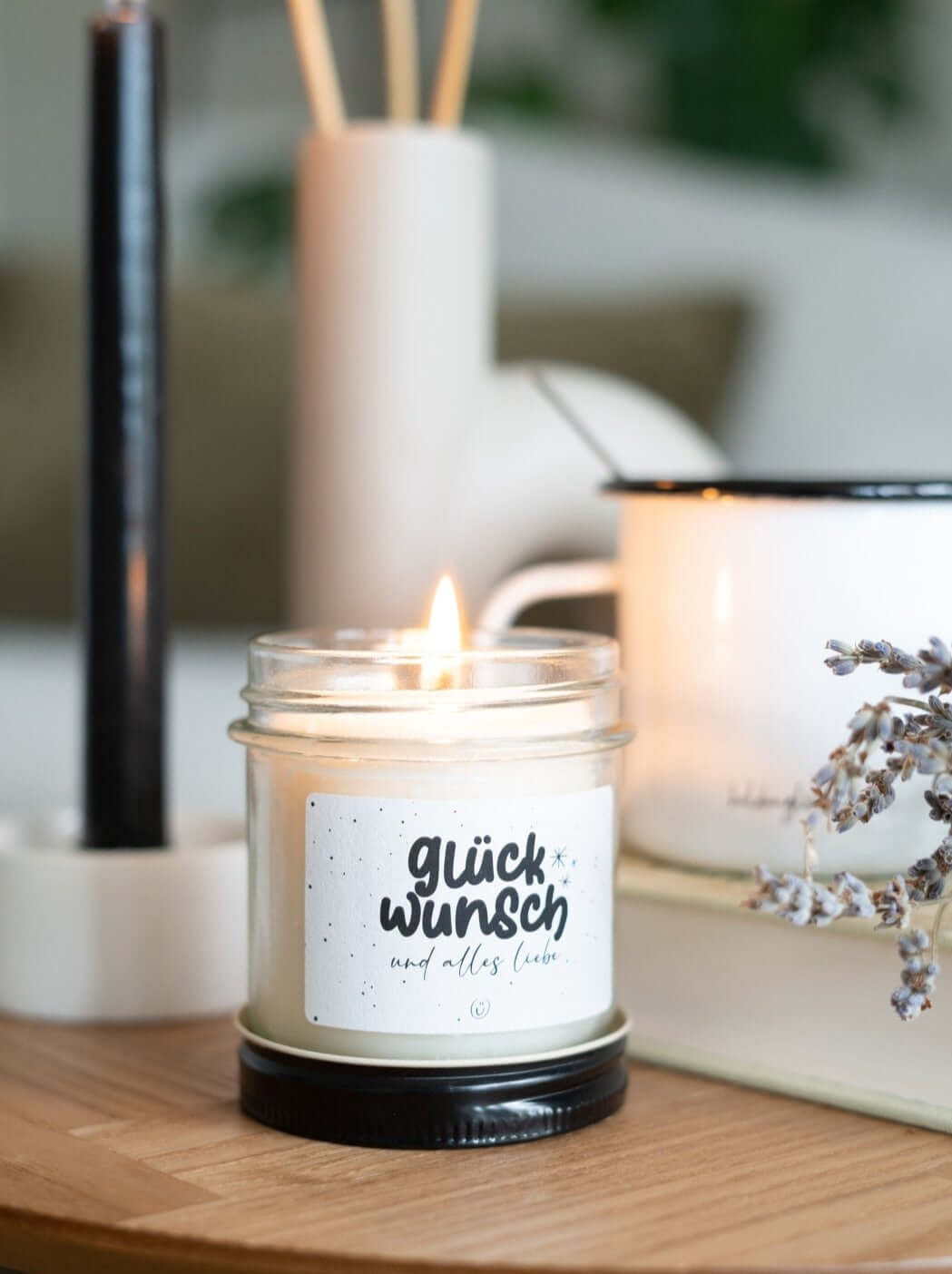 Kerze im Glas mit Spruch oder Motiv Glückwunsch in schwarz weiss
