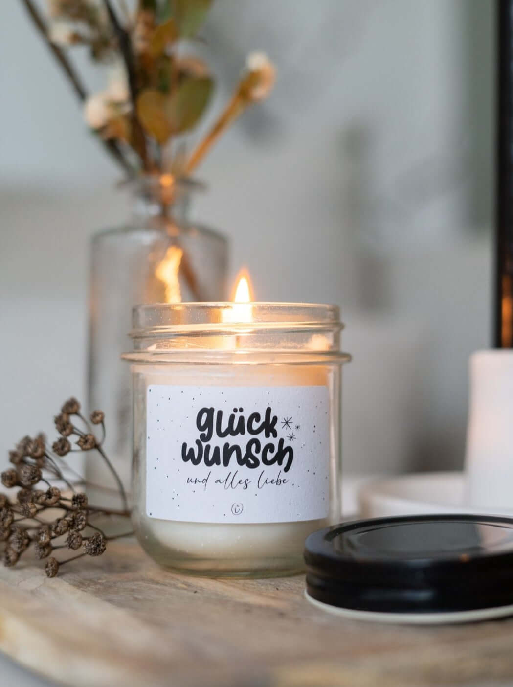 Kerze im Glas mit Spruch oder Motiv Glückwunsch in schwarz weiss